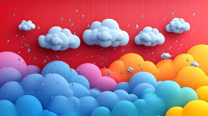 Aufkleber - colorful clouds with raindrops against a vibrant red background.