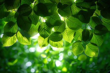 Poster - Sunlight filtering through vibrant green leaves in a serene forest during the day. Generative AI