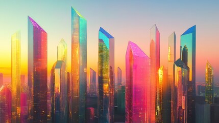 Fototapete - Colorful skyscrapers reflect a vibrant sunset in a futuristic cityscape.