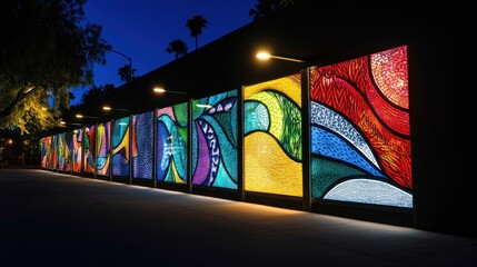 Leinwandbilder - Colorful stained glass mural illuminated at night, showcasing vibrant abstract patterns.