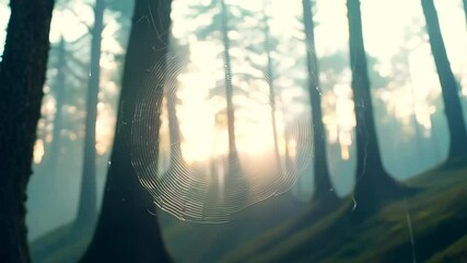 Aufkleber - Intricate spider web glistens in morning light among towering trees in tranquil forest
