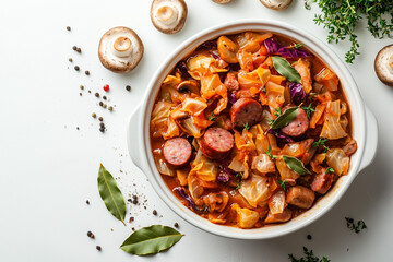 Bigos Stew with Sausage, Cabbage, and Mushrooms in a White Dish