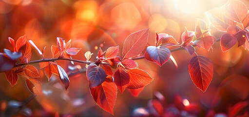 Wall Mural - red leaves on a branch in autumn sunlight