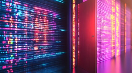 Poster - Data Center Server Room with Glowing Binary Code Walls