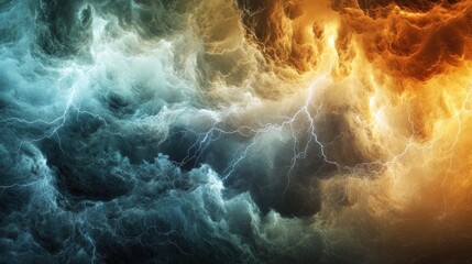 Poster - Dramatic clouds with lightning, showcasing a clash of blue and orange hues.