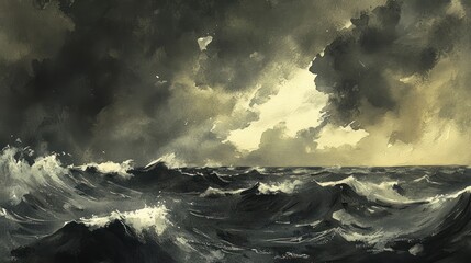 Poster - Dramatic seascape with turbulent waves and dark storm clouds, evoking a sense of nature's power.