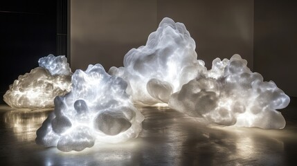 Poster - Ethereal illuminated sculptures resembling clouds, creating a dreamy atmosphere.