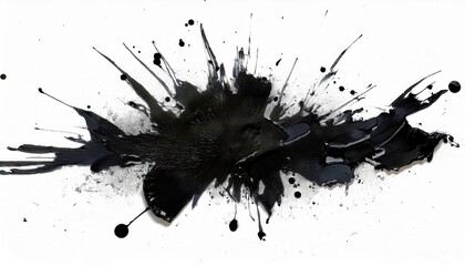 Poster - Dynamic Abstract Black Ink Splatter Explosion with Bold Drips and Chaotic Splatters on White Canvas. Symbolizing Creativity, Chaos, and Artistic Expression for Modern Digital or Print Art Inspiration