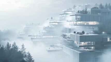 Poster - Futuristic architecture amidst foggy landscape, showcasing modern design and serene environment.