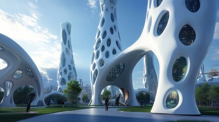 Poster - Futuristic architecture featuring organic forms and green spaces in a vibrant urban setting.
