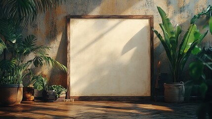 Poster - A serene indoor scene featuring a blank canvas framed by lush plants, set against a textured wall, creating a perfect setting for artistic inspiration.