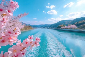 Sticker - Beautiful and cute Kawazu Zakura Sakura cherry blossoms against blue sky, Kawazu River, Shizuoka, Japan. Wallpaper background 