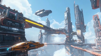 Aufkleber - Futuristic cityscape with advanced structures and flying vehicles in a vibrant sky.