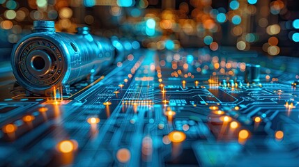 Poster - A close-up of a circuit board with glowing components and a metallic object.