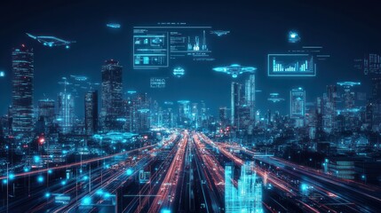 Fototapete - Futuristic cityscape with digital overlays illustrating technology and data visualization.