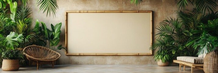 Poster - A serene indoor space featuring a blank canvas framed by lush greenery and natural decor, creating a tranquil atmosphere.