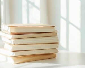 Poster - Warm Light on Stacked Books A Serene Study Space with Soft Shadows