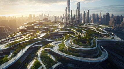 Aufkleber - Futuristic cityscape with green architecture and winding pathways amidst skyscrapers.