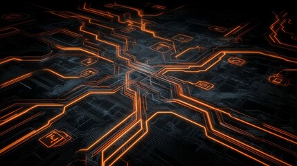 Poster - Futuristic Circuit Board Glowing Orange Lines Technology