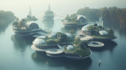 Poster - Futuristic floating islands with organic architecture surrounded by water and greenery.
