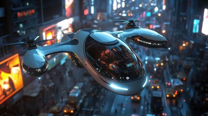 Aufkleber - Futuristic flying vehicle hovering over a bustling urban street at night.