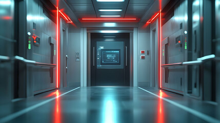 Poster - a futuristic hallway with glowing red lights and digital interfaces, suggesting advanced technology.