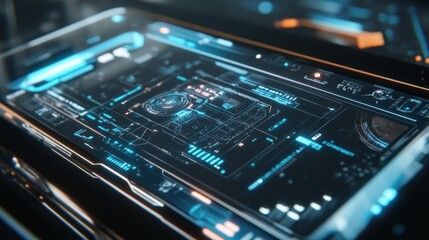 Aufkleber - Futuristic interface displaying digital data and controls in a high-tech environment.