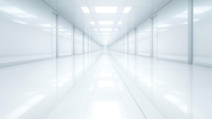 Poster - Long, bright white corridor with glossy floor and ceiling lights.