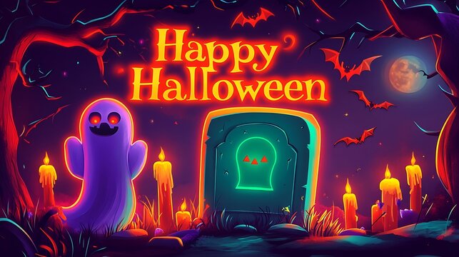 A glowing neon graveyard scene with a bright green tombstone, a spooky purple ghost, and a glowing moon. The text 