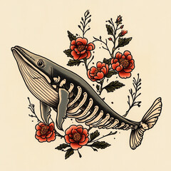 Wall Mural - Whale tattoo flash illustration