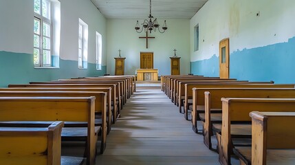 Empty church pews in a serene and peaceful chapel.