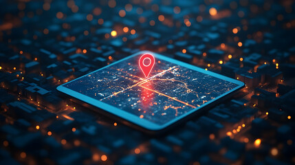 Poster - A digital map with a location pin above a cityscape, symbolizing navigation and connectivity.