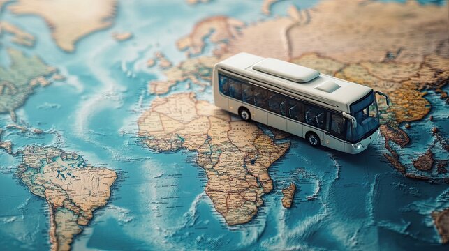 Bus on a world map, global travel and tourism, a concept for international location, holiday trip, and transportation route abroad the planet