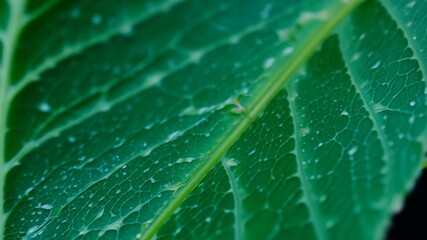 Poster - Close-up of dew-covered green leaves showcasing nature's beauty in the early morning light