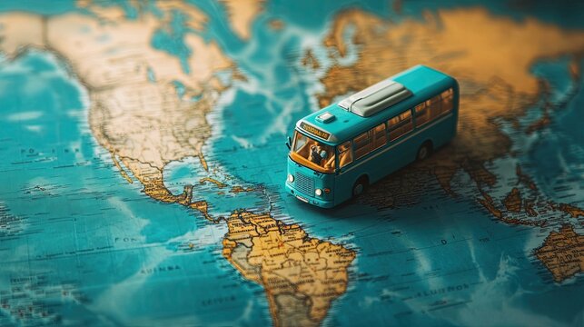 Bus on a world map, global travel and tourism, a concept for international location, holiday trip, and transportation route abroad the planet