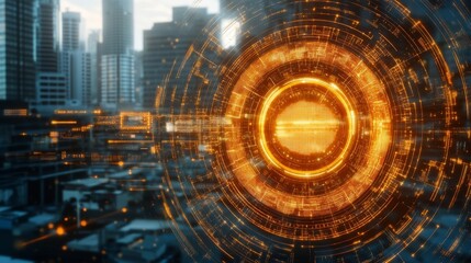 Poster - Futuristic Cityscape with Glowing Technological Interface