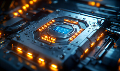 Poster - A close-up view of a futuristic circuit board with glowing elements, indicating advanced technology.