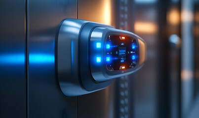 Poster - A futuristic electronic lock with blue and red lights mounted on a metallic surface.