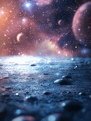 Wall Mural - near meteorite the bottom, the clear surface, is in focus from floor, The background is a beautiful fantasy space with blurred planets, manufacturability and future reflection, studio quality photogra