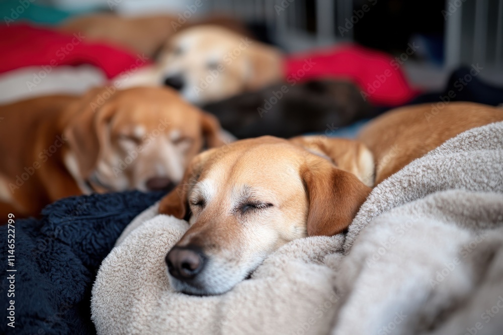 A peaceful scene of several dogs sleeping soundly together in cozy blankets, evoking feelings of comfort and tranquility in their warm environment.