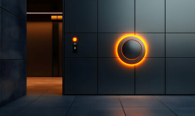 Poster - A modern elevator door with a glowing circular button and adjacent wall panel.
