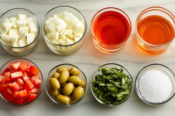 Wall Mural - Agregar una pizca de sal a una colorida selección de ingredientes frescos en un countertop