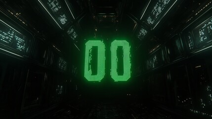 Poster - Futuristic Green Digital Countdown Timer in a Tech Corridor