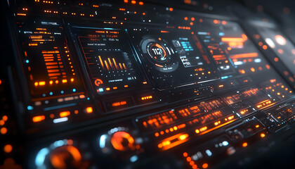 Poster - A futuristic control panel with glowing orange and blue elements, displaying data and metrics.