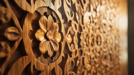 Poster - Intricate wooden carving featuring floral patterns, showcasing craftsmanship and design.