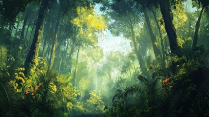 Poster - Lush green jungle with sunlight filtering through dense foliage, creating a serene atmosphere.