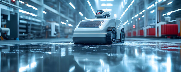 Poster - A robotic cleaner operates on a reflective floor in a modern industrial setting.