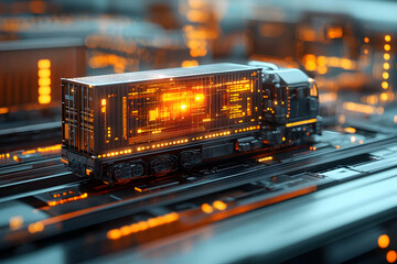 Poster - A futuristic truck with a glowing cargo container on a digital track.