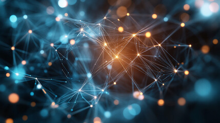 Fototapete - Abstract network design with glowing nodes and connections in dark background. 