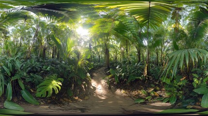Poster - Lush tropical forest with sunlight filtering through dense foliage along a dirt path.